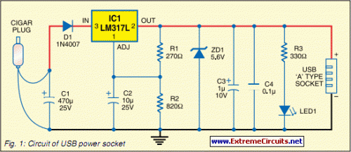 Usb Power Socket With Indicator-Circuit diagram