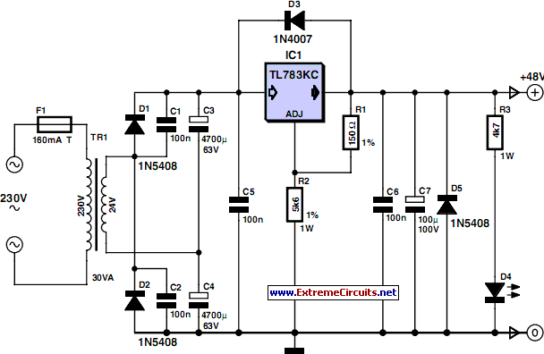 48V Phantom (Microphone) Power Supply circuit diagram and instructions